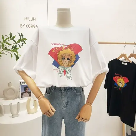 2022春夏新款韩国东大门ins超火时髦潮流印花美少女短袖T恤打底衫商品大图