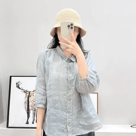 dza 复古刺绣翻领苎麻七分袖衬衫女夏季百搭休闲文艺气质棉麻上衣图片