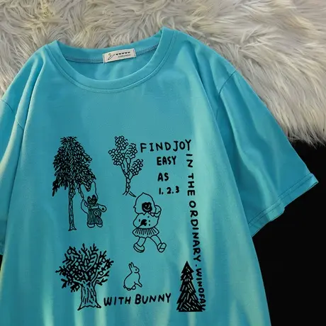 ins超火网红短袖T恤女夏季2024新款日系港风潮牌复古印花宽松上衣图片