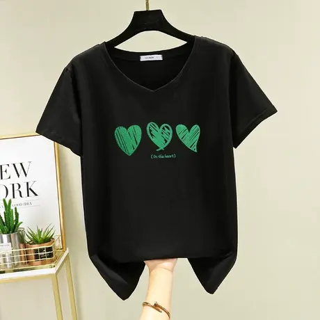 鸡心领V领t恤女短袖宽松上衣2022年夏装新款休闲百搭纯棉t桖半袖图片