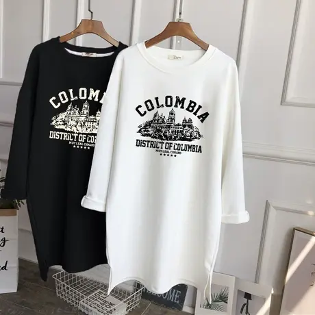 白色字母印花开叉长袖t恤女2022秋季新款宽松纯棉中长款休闲上衣商品大图