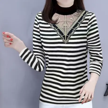 棉长袖t恤女洋气v领上衣中老年女装妈妈2023春装新款条纹打底衫商品大图
