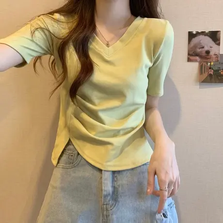 下摆不规则短袖T恤女夏装修身百搭洋气减龄短款小个子上衣半袖潮商品大图