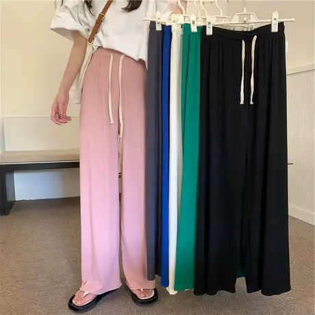 阔腿裤女夏季薄款2024年新款高腰垂感针织裤显瘦休闲直筒冰丝裤子商品大图