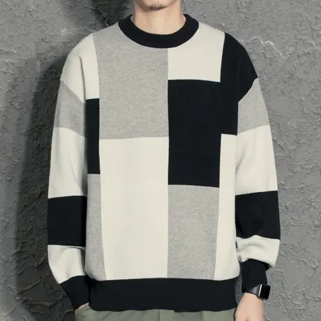 2022春秋新款男士时尚圆领套头保暖毛衣休闲上衣格子美式韩版拼色图片