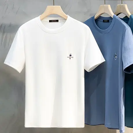 223g重磅丝光棉2023夏季新款短袖T恤 男士休闲刺绣半袖体恤打底衫商品大图