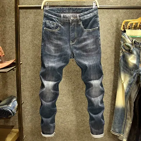 春秋季蓝色牛仔裤男潮牌修身小脚裤2024新款潮流ins帅气百搭裤子商品大图