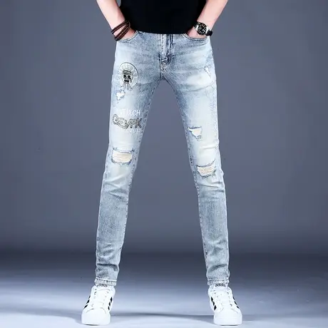 男士新款破洞牛仔裤男款高端烫钻修身小脚裤子2023秋冬潮牌欧洲站商品大图
