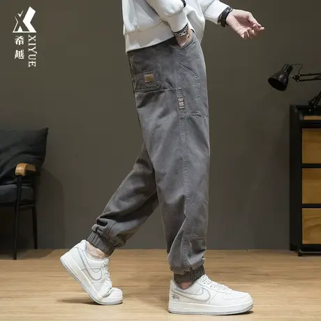美式潮牌休闲裤子男款春秋深灰色贴布口袋束脚裤纯棉工装风长裤潮商品大图