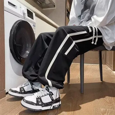 一裤两穿冰丝裤子男士夏季直筒休闲九分裤潮牌男条纹束脚运动长裤商品大图