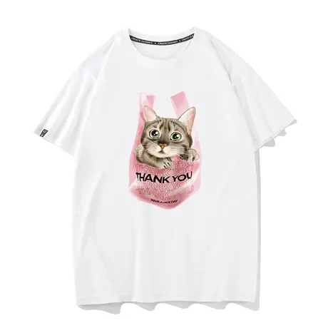 秀洛thankyou 3d小猫图案t恤短袖宽松纯棉圆领夏季情侣装打底衫图片