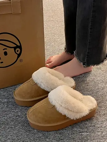 毛毛拖鞋女外穿2023年新款秋冬厚底雪地靴加绒包头半拖鞋室外棉鞋商品大图