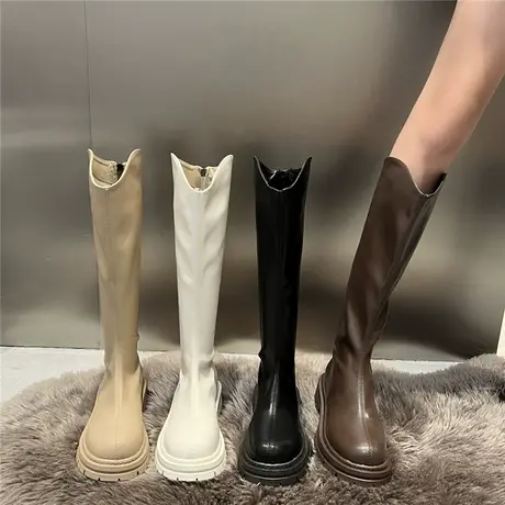 长筒靴女白色切尔西骑士靴2024新款秋冬女鞋中筒高筒靴复古长靴子商品大图