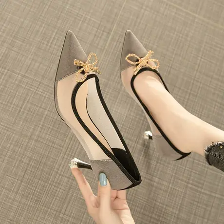 蝴蝶结水钻凉鞋女夏季2024年新款百搭尖头性感细跟网纱职业高跟鞋商品大图