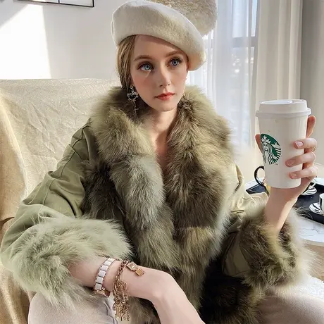 粉红大布娃娃派克服冬季2021新款貉子毛双面穿皮草外套女机车服图片