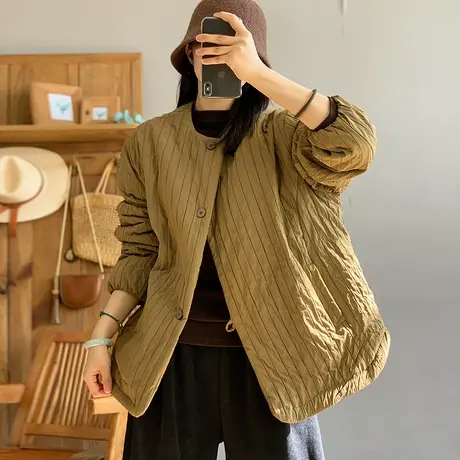 dza 复古加厚竖条纹棉衣外套女冬季保暖棉服上衣宽松圆领纽扣棉袄图片