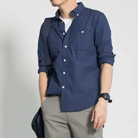 格慕施秋季纯棉衬衣男日系复古加肥大码经典法式宽松格子长袖衬衫商品大图