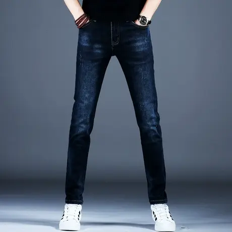 男士新款蓝色牛仔裤男款高端美式修身抓痕小脚裤子2023秋冬季潮牌商品大图