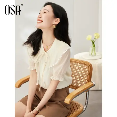 OSA欧莎法式荷叶边短袖衬衫女夏季2023年新款薄款设计感衬衣上衣商品大图