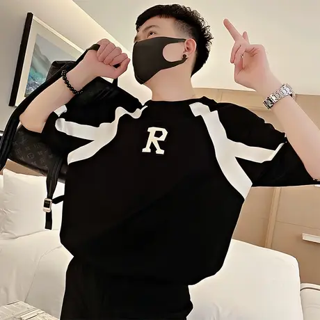 短袖t恤夏季潮流黑白条纹拼接设计潮男休闲痞帅宽松个性半袖体恤商品大图