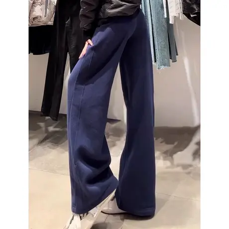 复古纯色简约阔腿运动长裤女秋冬高腰韩版百搭休闲拖地裤加绒加厚商品大图