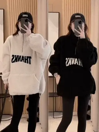 加厚冬季中长款羊毛卫衣女宽松高领刺绣字母加绒立领套头外穿上衣商品大图