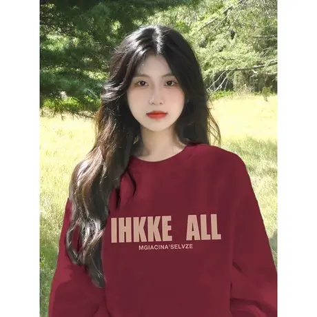 酒红色圆领加绒卫衣女秋冬款宽松美式撞色插肩无帽慵懒chic上衣图片