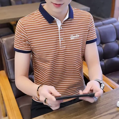 夏季新款翻领条纹短袖T恤男休闲撞色带领青年POLO衫刺绣V打底衫潮商品大图