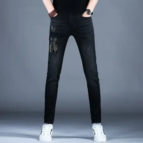 黑色烫钻高档潮牌牛仔裤男款小脚裤子潮流男士弹力百搭长裤男修身商品大图