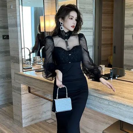 镂空高领赫本风黑色礼服裙轻奢小众宴会小礼服性感气质包臀连衣裙商品大图