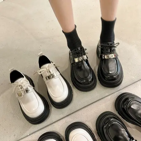 厚底黑色小皮鞋女英伦风2024新款春季女鞋百搭系带乐福鞋松糕单鞋商品大图