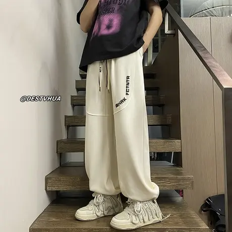 字母拼接抽绳卫裤男秋季新款潮流美式高街宽松直筒阔腿运动休闲裤商品大图