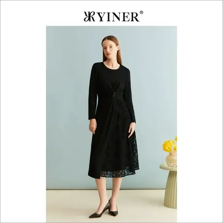 YINER音儿冬季女装法式优雅绵羊毛法式收褶镂空提花连衣裙图片