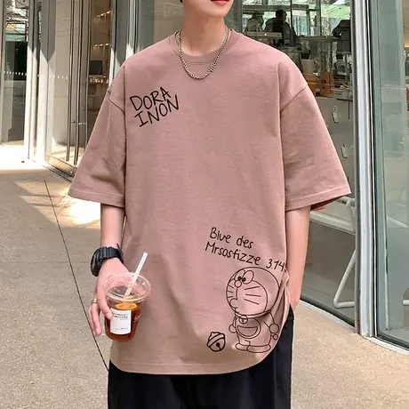 夏季印花短袖t恤男2024新款美式潮牌宽松重磅纯棉情侣落肩体恤衫商品大图