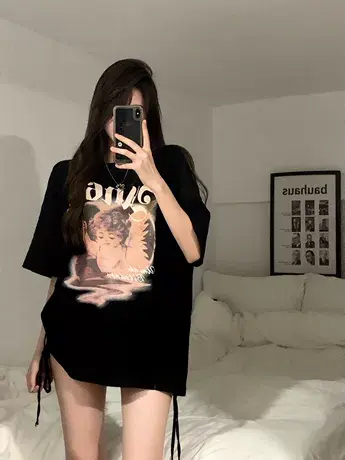 天使印花纯棉黑色短袖t恤女夏季宽松美式复古潮牌别致半袖上衣ins商品大图