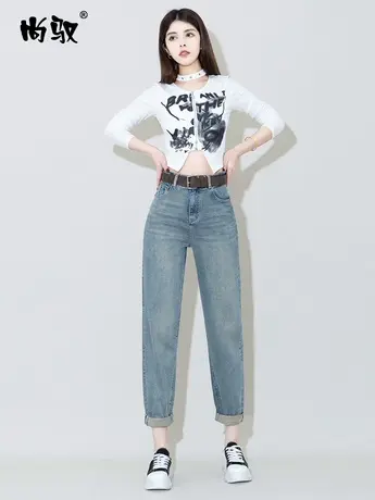 尚驭蓝色牛仔高腰弹力垮裤2024年春季新款老爹裤遮肉显瘦哈伦裤潮图片