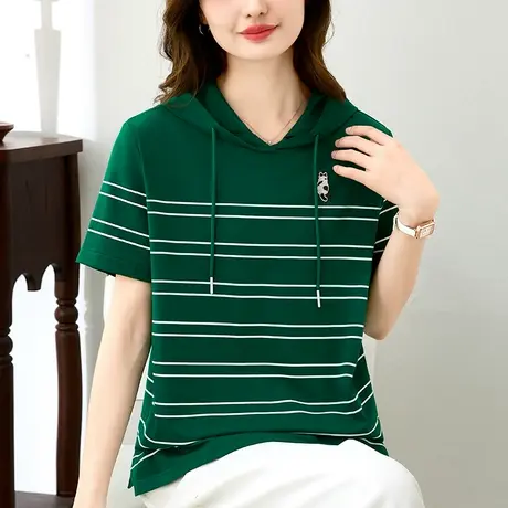 纯棉连帽t恤女2024年新款夏装时尚条纹上衣休闲运动短袖体恤衫潮商品大图