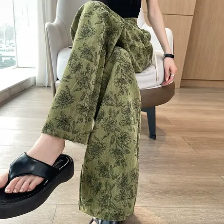 窄版阔腿休闲裤女2024春季新款宽松显瘦高腰垂感运动直筒花裤子图片