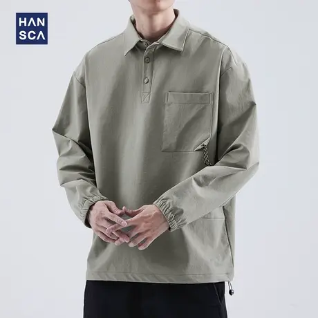 hansca秋季新款长袖POLO衫男士纯色日系复古宽松休闲口袋衬衣外套商品大图