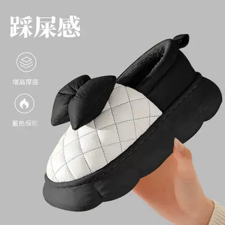 PU皮防水棉拖鞋女冬季厚底包跟外穿室内蝴蝶结拖鞋加绒保暖棉鞋女商品大图