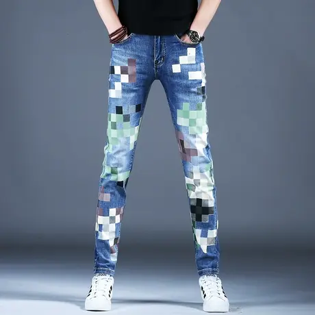 欧洲站弹力牛仔裤子男款美式修身印花小脚2024新款百搭潮流帅气男图片
