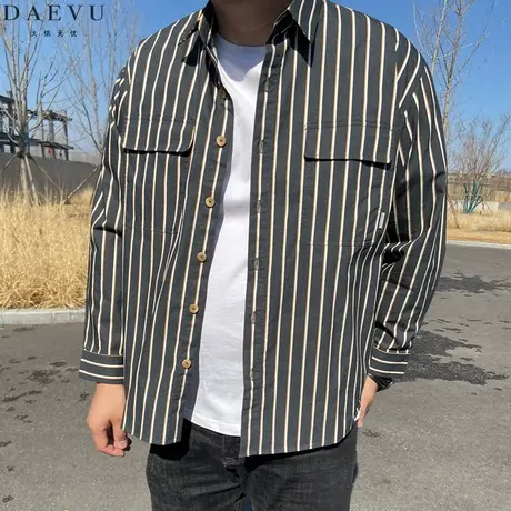 春新款竖条纹厚料外穿韩版潮胖子大号加肥加大码男士长袖衬衫衬衣商品大图