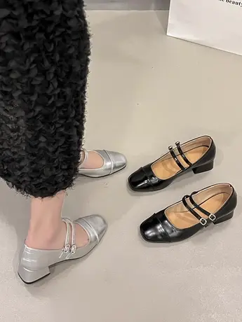 粗跟英伦风单鞋女2024新款方头浅口一字带玛丽珍鞋法式复古高跟鞋图片