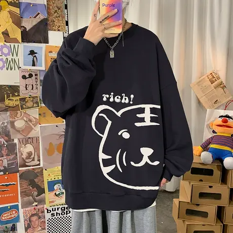 2023秋季新款老虎头卫衣男潮流宽松卡通印花上衣港风长袖无帽外套商品大图