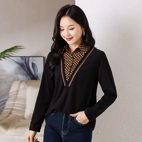 伊自尚2023年秋季新款女装时尚大码胖mmV领显瘦假两件衬衫上衣女商品大图