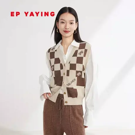 [牦牛绒]EP雅莹女装 v领格纹针织马甲开衫 2023秋冬新款9002A商品大图