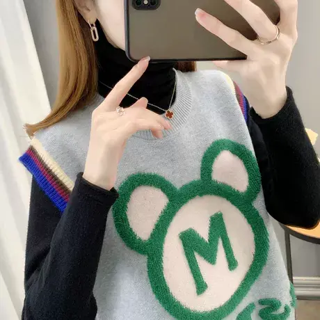 针织毛衣女马甲女装2023年春冬季新款卡通马夹显瘦套头圆领减龄款商品大图