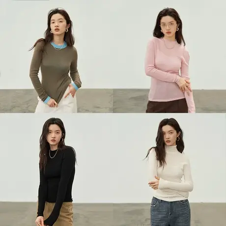 omont蛋挞家 复古羊毛修身打底衫2023秋冬新款内搭叠穿半高领上衣图片