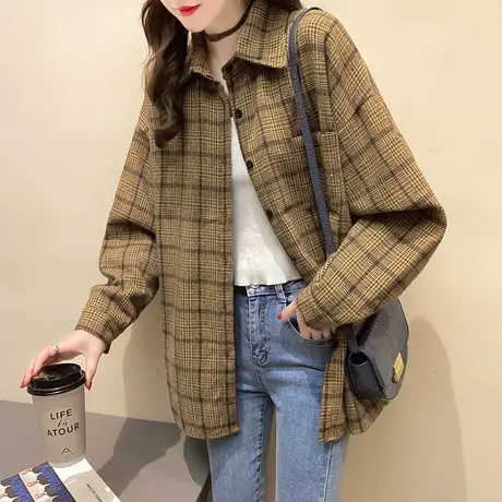 网红加厚格子衬衫外套女上衣2023年秋冬新款宽松磨毛衬衣百搭打底商品大图