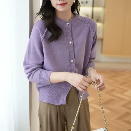 小香风紫色毛衣外套女装秋季新款韩版高级感宽松长袖针织开衫上衣商品大图